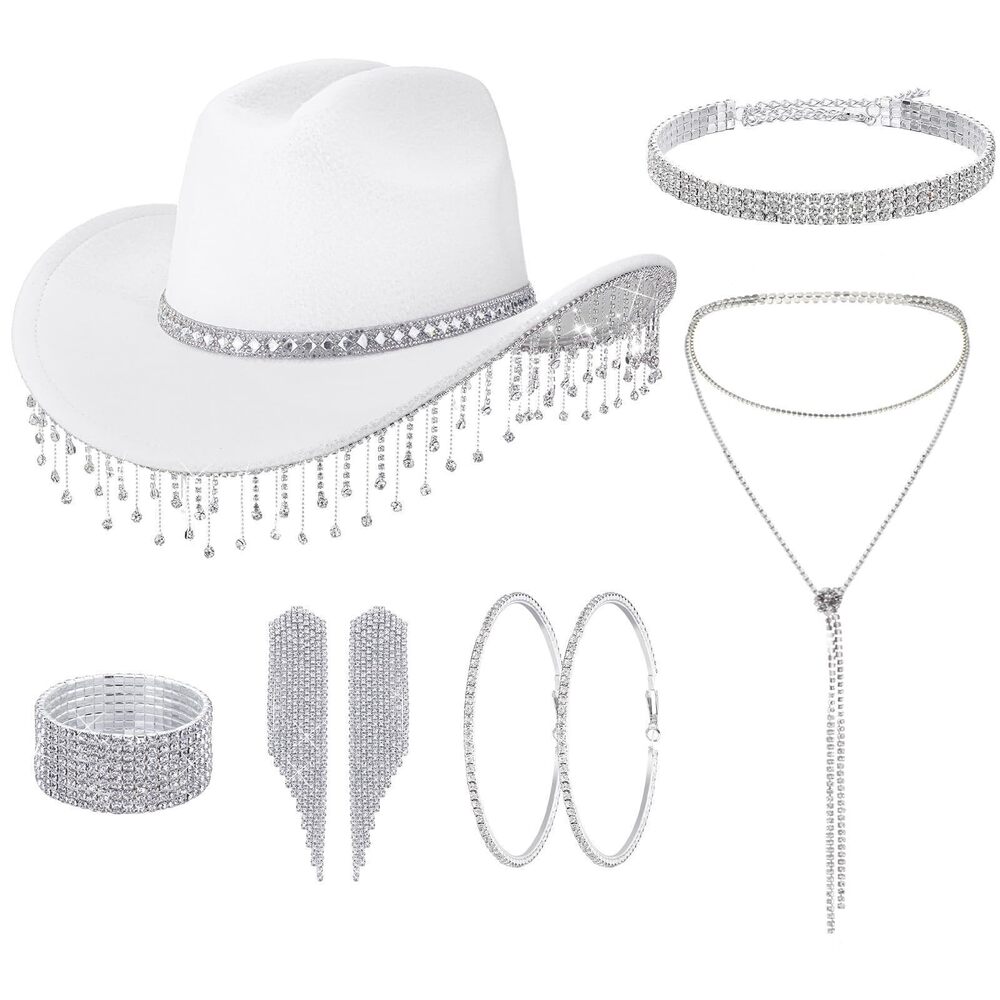 6593 7 Pcs Glitter Cowgirl Hat Rhinestone Jewelry Set, Cowboy Costume